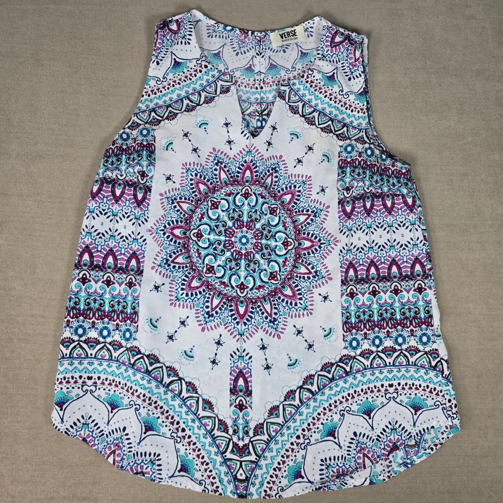 VERSE Women's Sleeveless‎ Tank Top White Multicolor Mandala Made in USA Boho